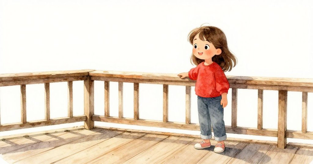 莎拉站在被蜂蜜琥珀光環罩的觀景台上,手扶木欄杆注視遠處,表情靜謐且充滿期待,展開冒險旅程。