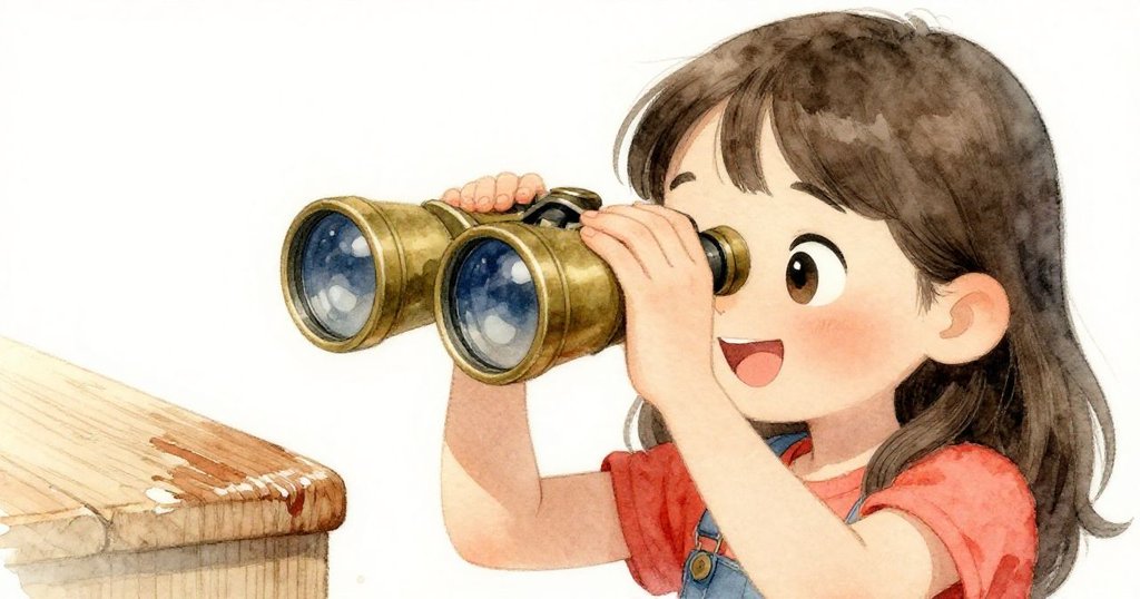 莎拉專注地使用黃銅望遠鏡,細心用袖子擦拭鏡框,畫面近拍呈現木質老新對比細節,充滿期待情緒。