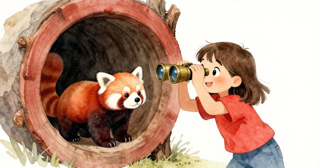 莎拉透過望遠鏡窺視橡木屋內隱藏的蹤影,隱約見到紅熊貓條紋尾巴輕擺,畫面充滿神秘氣息。