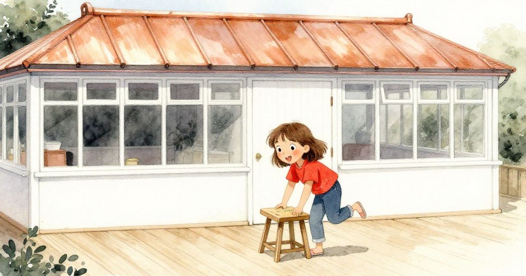 莎拉展開摺疊凳子,攀上觀景台調整望遠鏡,遠處銅色屋頂閃耀溫暖光芒,情境由探索轉向前往供餵平台。