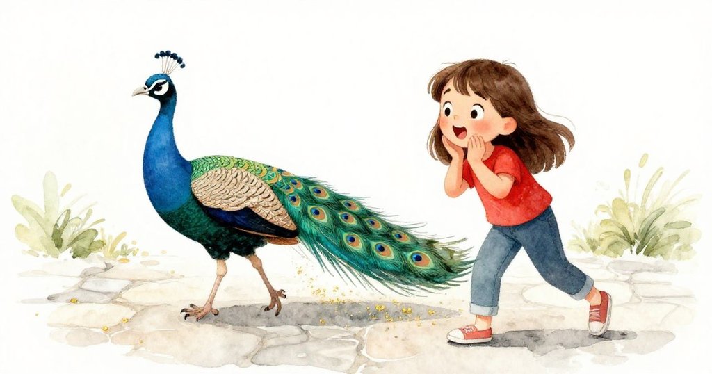 莎拉目光驚喜地看著一隻藍綠與銅色交織的孔雀從石徑疾走而過,金粉飛揚,情節急轉直下充滿生動趣味。