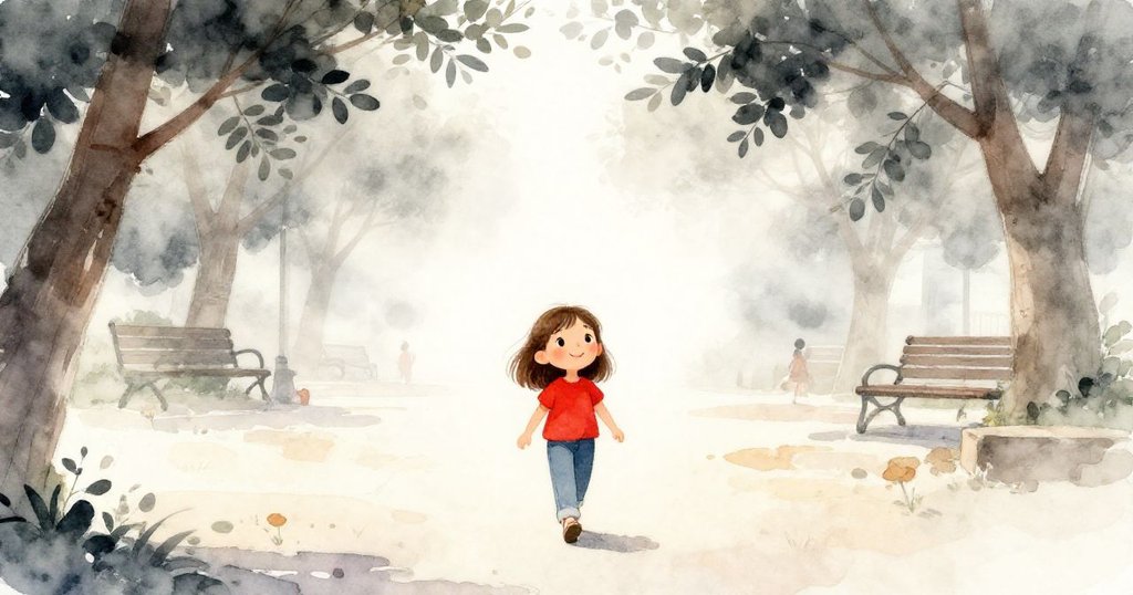 莎拉摺起凳子,滿懷平靜走向廣場,背景樹梢間流動著柔和薄霧,展現冒險後的寧靜與滿足。