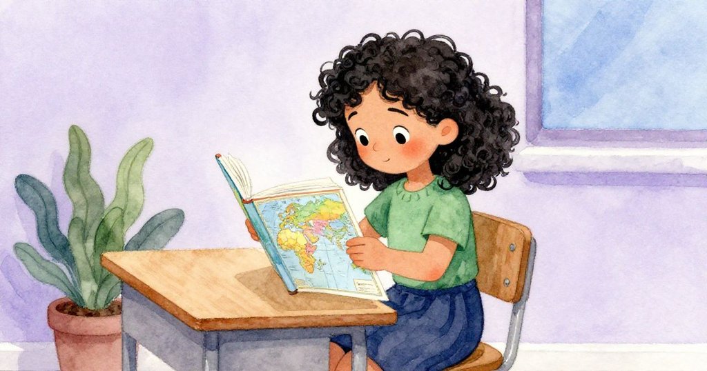 June在教室角落專心閱讀地圖,桌旁盆栽點綴環境,她小心手勢表現尊重與專注。