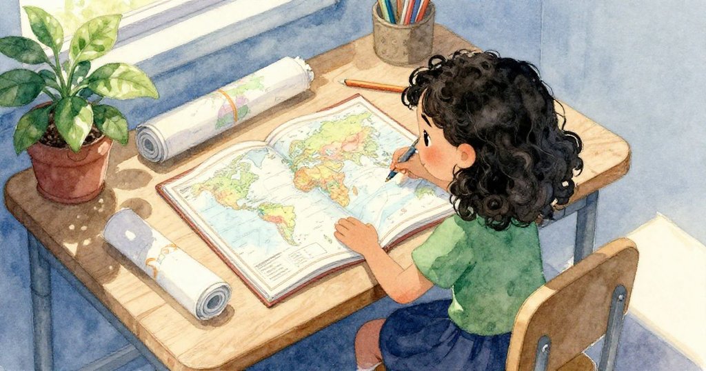 從俯視角看,June坐在桌旁仔細閱讀地圖,桌上擺有文化展海報與盆栽,光影交錯呈現專注神情。