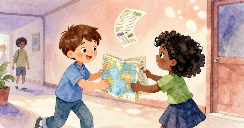 在繁忙走廊中,June微笑著將地圖交給Bram,傳單在手中飄舞,兩人默契交流流露溫暖情感。