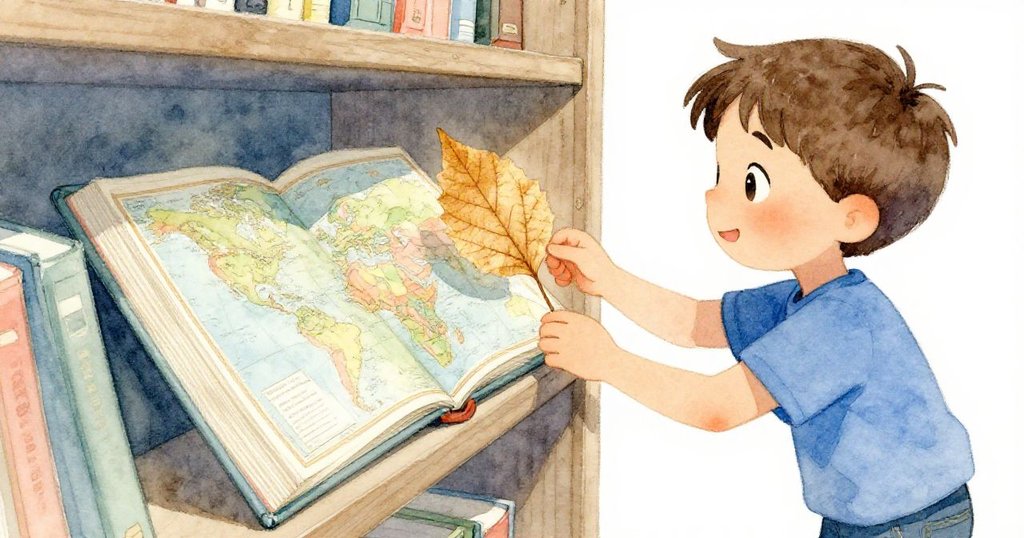 Bram在歸還地圖時驚喜發現夾帶金葉,細看葉脈呈現迷你地圖,臉上流露出滿足與驚奇。