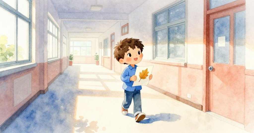 Bram懷著期盼步出走廊,筆記本中藏有金葉,面向亮麗新途,流露出探索與創作的決心。