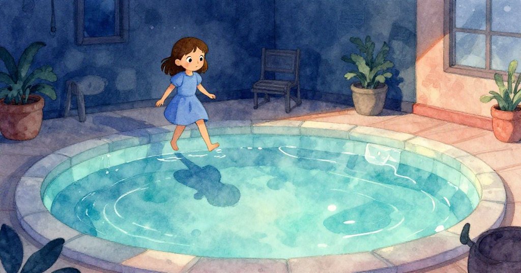 克拉拉在清晨走向觸摸池，藍光柔和映出她的影子，環境寧靜神秘展現新奇探索