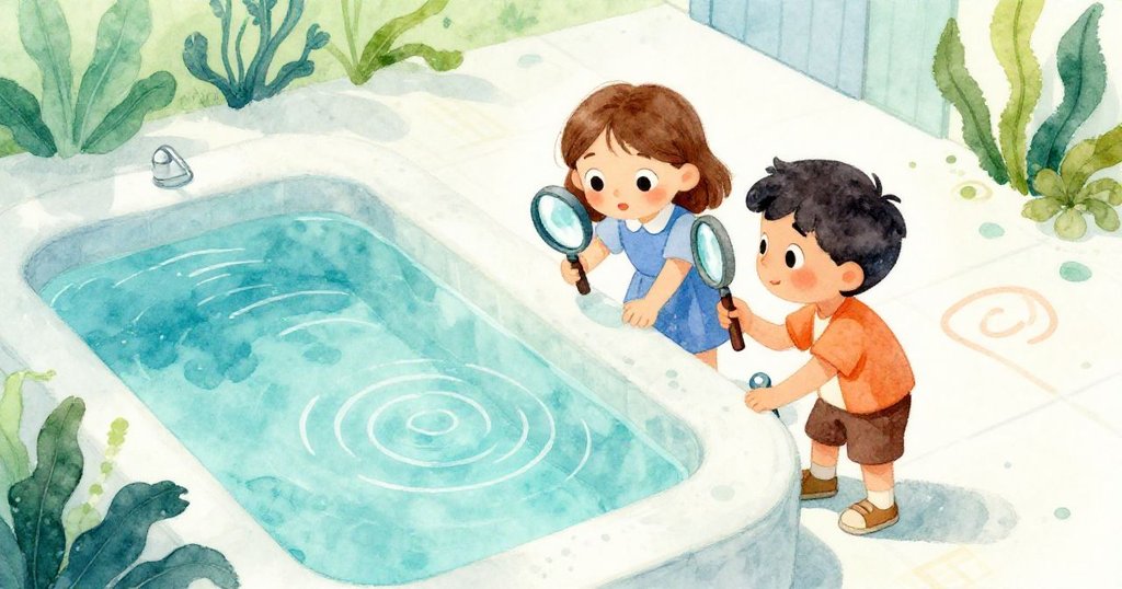 從上方俯視，克拉拉與瑞德手持工具仔細觀察池水，水面微波暗示隱藏生命，場景生動細膩