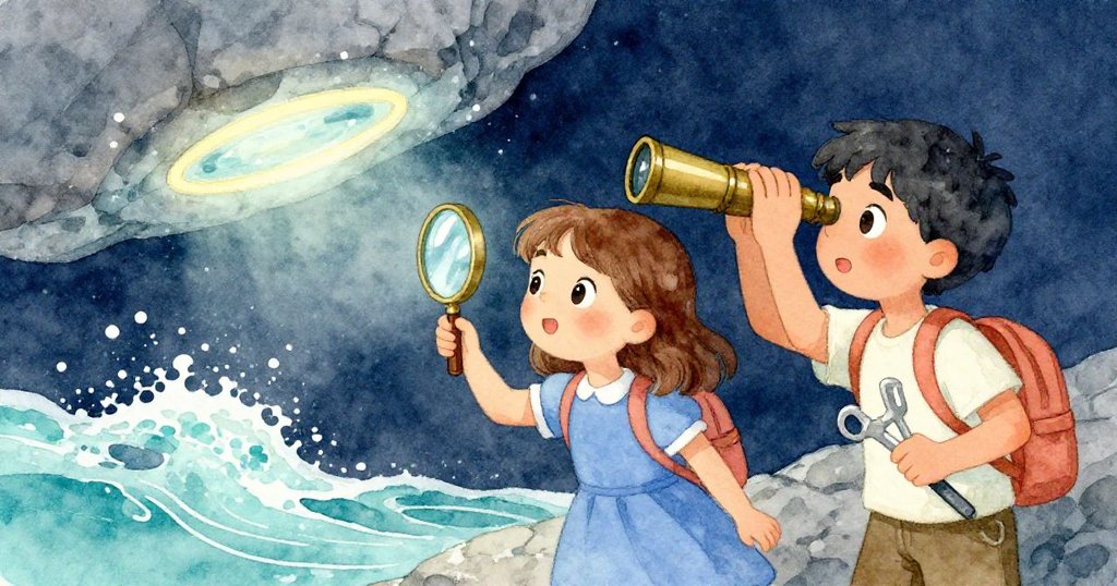 克拉拉舉起放大鏡，瑞德調整望遠鏡，兩人齊心協力揭開石板下柔和光環，充滿魔幻與合作精神