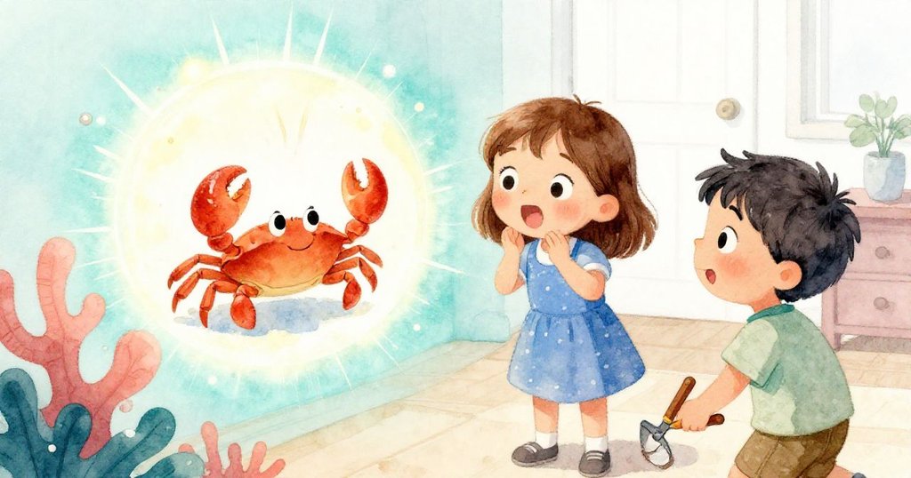 在發現瞬間，小螃蟹在光環下露出身影，克拉拉、瑞德及其他孩子齊展笑顏，現場滿溢喜悅氛圍