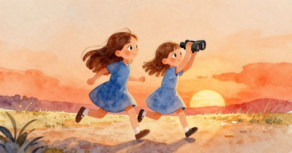 露薇持望遠鏡奔跑於金色動物園小徑上，剪影映衬夕陽，充滿活力與期待的情感