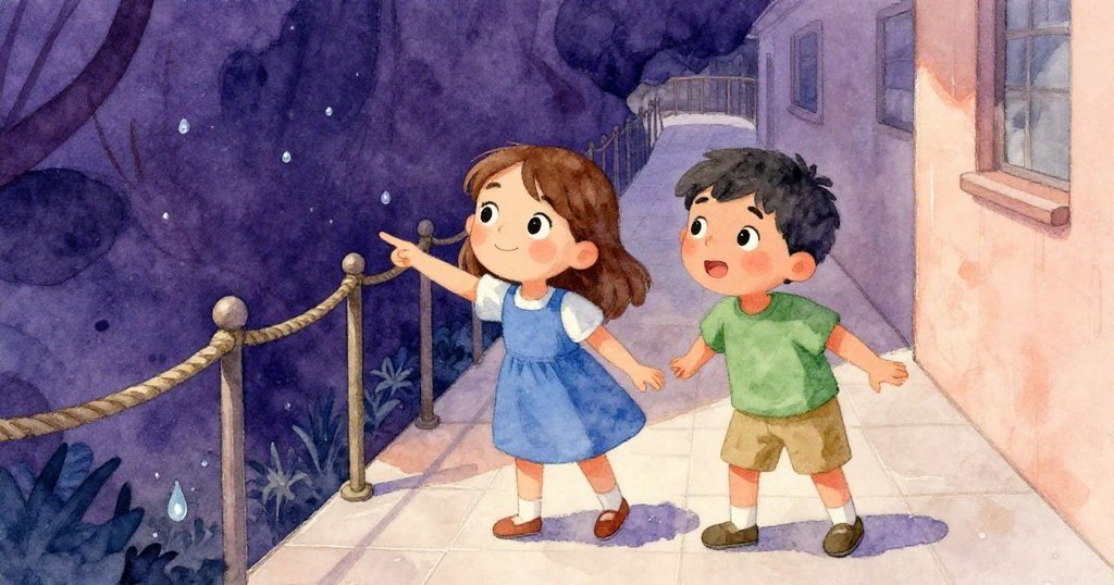 露薇與艾米爾在狹窄走廊中互動，艾米爾指向濕潤瓷磚，動感角度傳達活潑氣氛