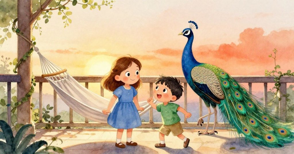 露薇與艾米爾站在藤蔓掩映的欄杆旁，金色光線灑落，吊床與孔雀共同營造出和諧自然的過渡空間