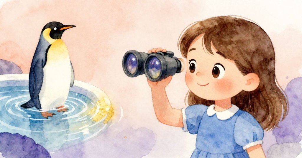 露薇微笑傳遞望遠鏡給期待的孩童，背景淺顯遠處企鵝池靜謐水面，共享好奇與溫柔結局