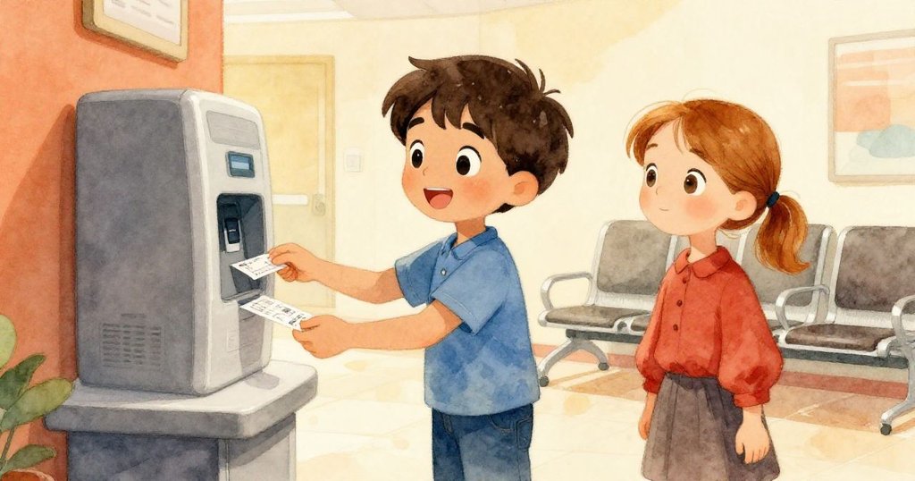 海斯和碧雅走進明亮現代候診室,海斯拿票,碧雅審視資料,場景溫暖舒適,揭開故事序幕。