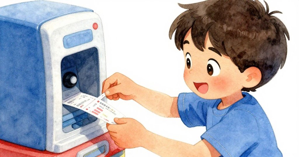 海斯專注地用手操作自動出票機,票紙撕裂聲清脆,近景展現他的認真神情及動作細節。