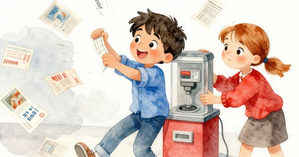 海斯堅定地撕下一張新票,碧雅協助穩住擺動的出票機,畫面充滿動感與活力,展現考驗時刻。