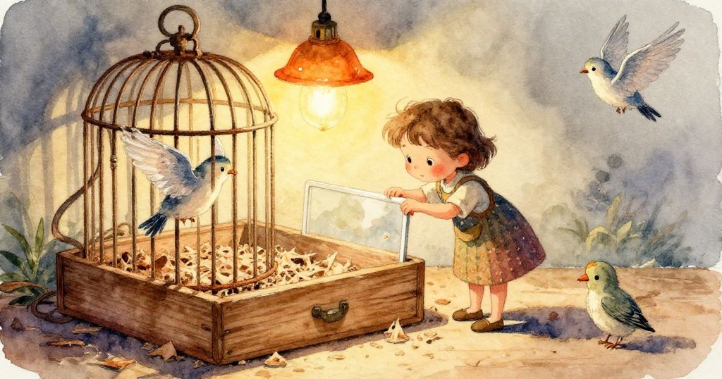 Mae踮腳靠近透明木盒，面部表情溫柔而好奇，仔細觀察木屑床鋪，燈光柔和溫暖。