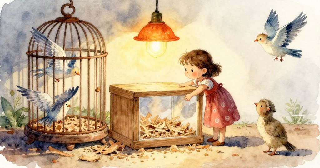 計時器響起時，供應架上焦糖蓋罐頭發出溫暖光芒，兔子伸展悠閒，金絲雀翩然飛舞，氣氛安靜而生動。