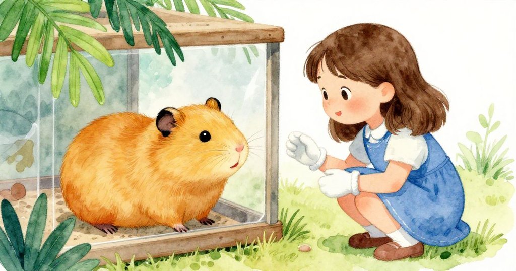 Mae蹲在第二個展示盒旁，細看醒著的倦鼠仔，用心觀察牠橙銅毛色，場景明亮親和，互動溫馨。