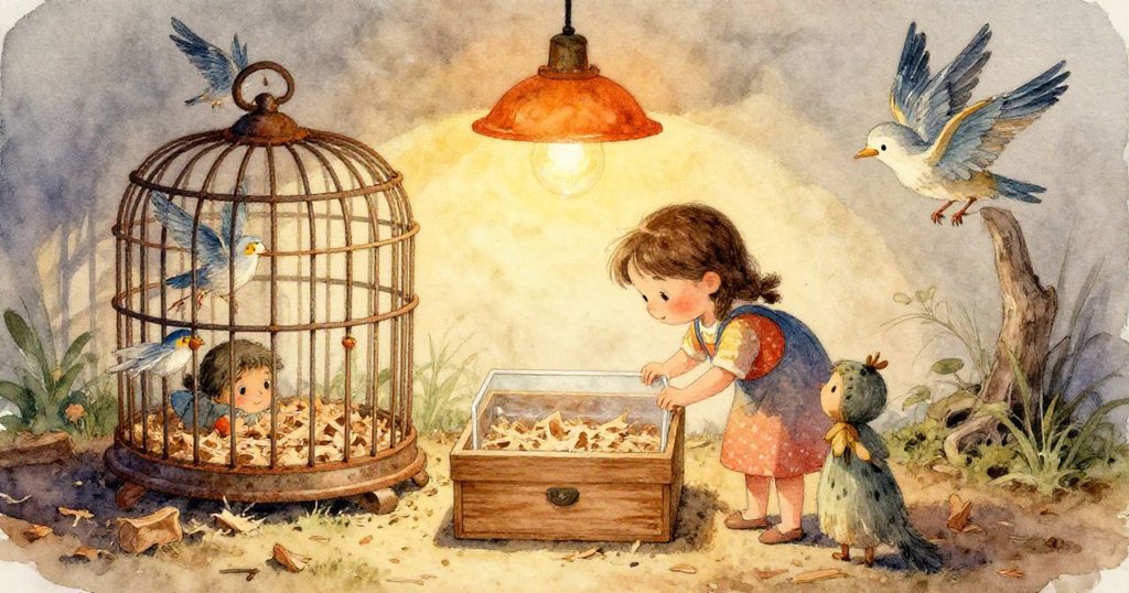 Mae離開時神情沉思，背景中金絲雀輕快飛翔，室內氛圍柔和，留下一絲懸念和未來再訪的約定。