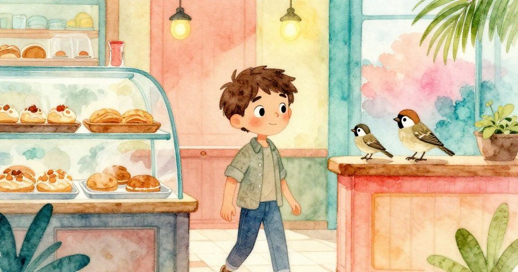 Luke在溫暖曙光中走進烘焙坊，發現櫃台上仍蒸氣袅袅的點心，與窗外活潑小麻雀互動，充滿希望與期待。
