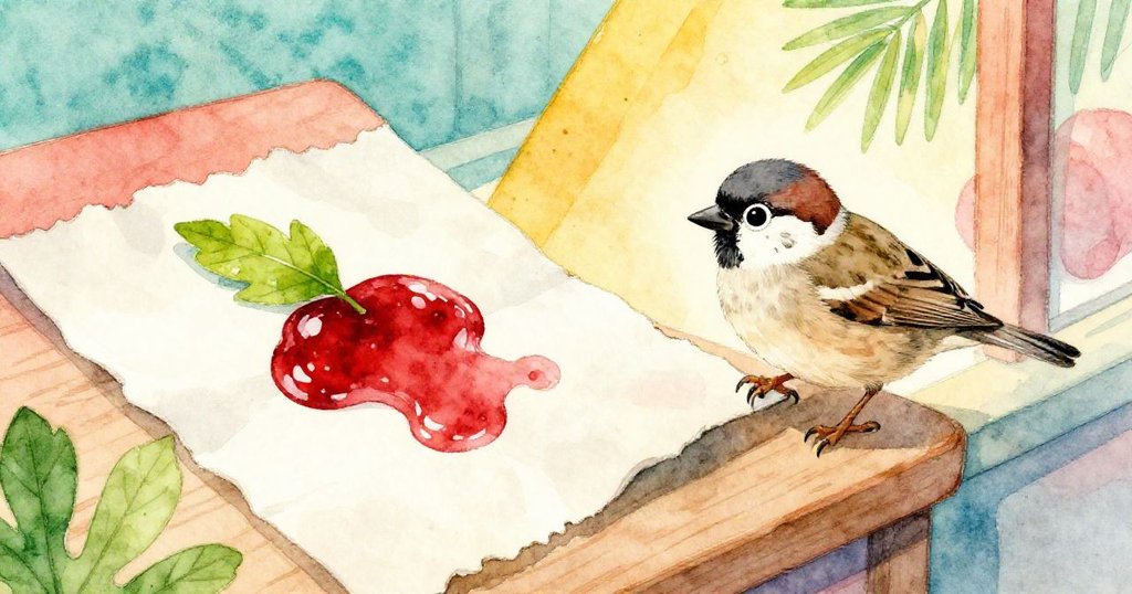 小麻雀用喙拉扯破紙片，紙片上鮮豔果醬痕跡，如隱隱密語般呈現回憶與味道，細節豐富充滿象徵。