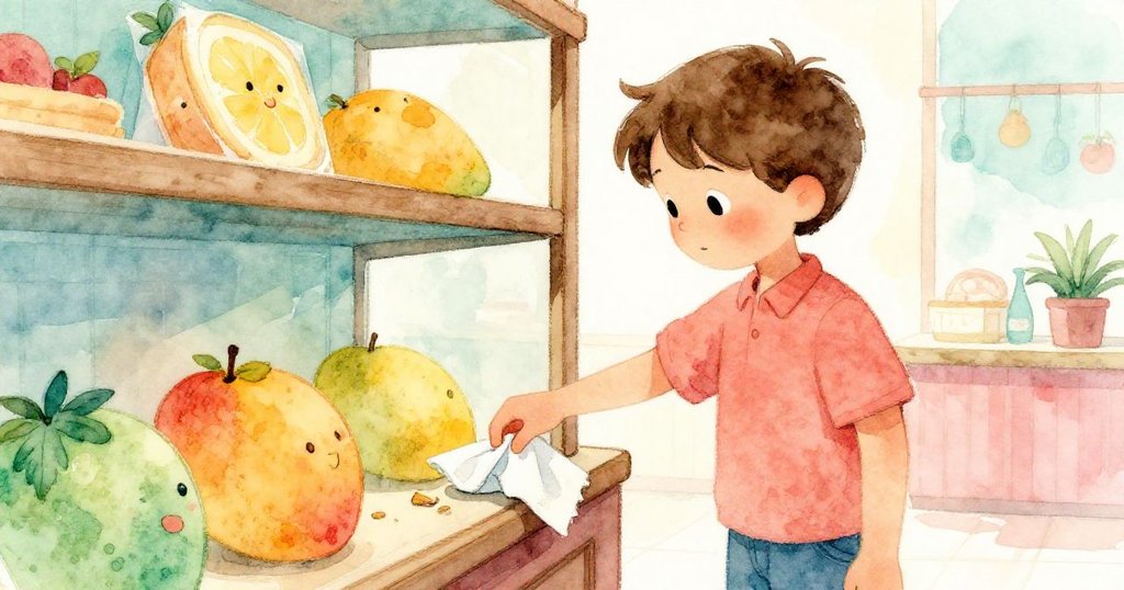 Luke輕輕拾起灑滿碎屑的餐巾，感受溫馨早餐記憶，手指細膩觸碰櫃檯邊緣，流露出溫柔的懷舊情懷。