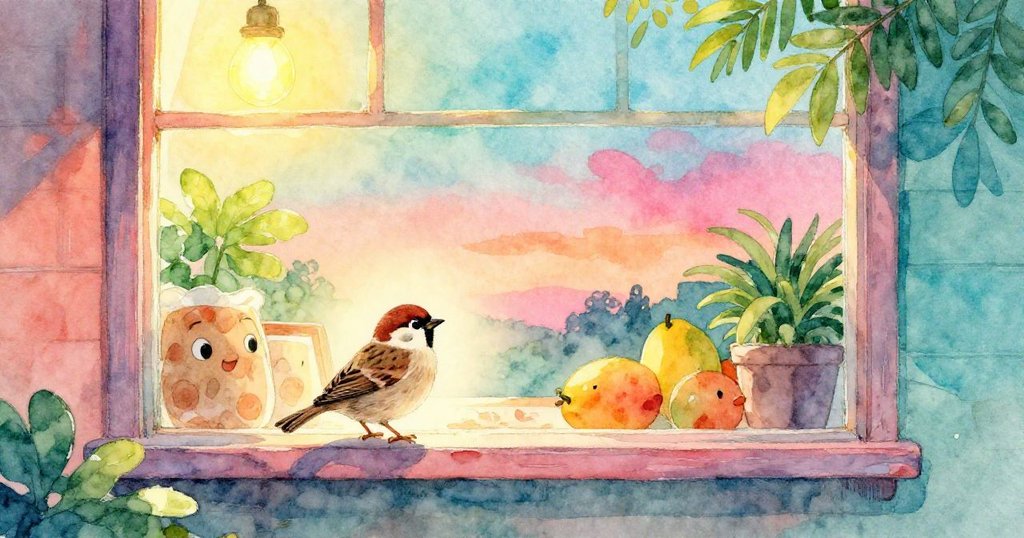 在暮光中，小麻雀在窗沿輕快跳動，室內溫暖燈光映入戶外微涼夜色，映出一絲懷舊與期盼。