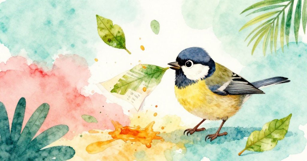 小麻雀奮力拉扯破紙片，紙屑飛舞間顯露出鮮紅果醬印記，瞬間動感展現出緊張和活力。