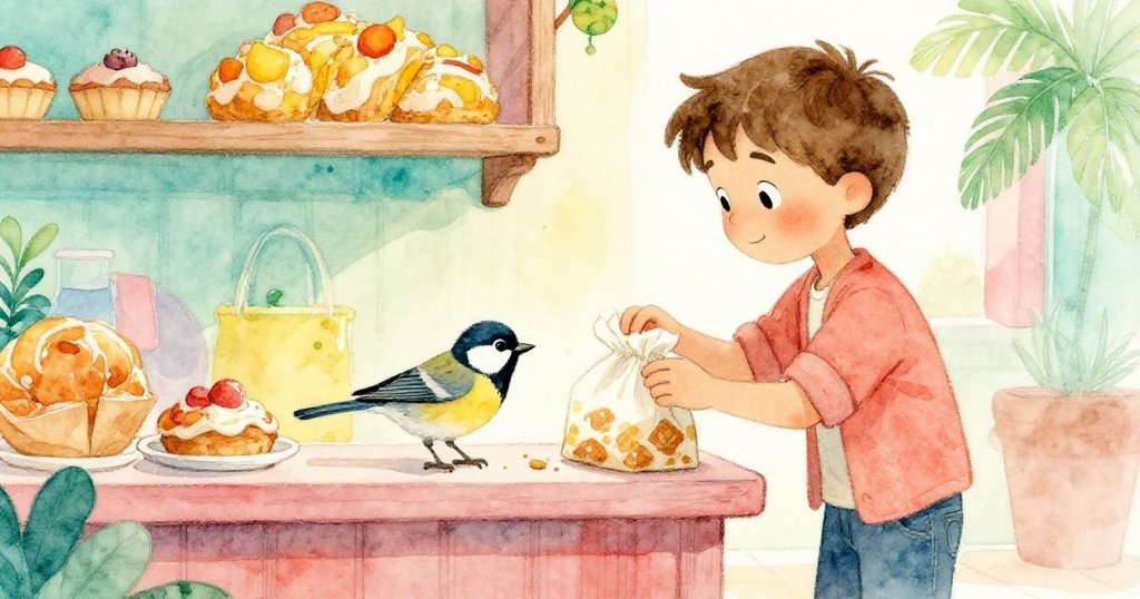 在結尾中，Luke從烘焙包裝中取出最後一塊點心碎屑放於窗邊，小麻雀愉快接近，場景充滿溫馨與期望。