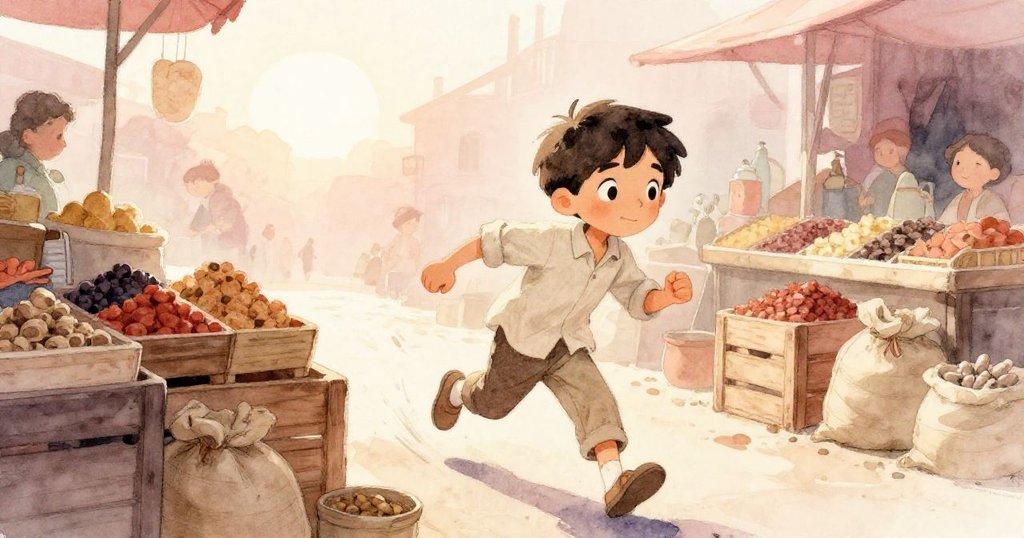 胡果在香料市場中穿梭於木箱和麻袋間，早晨柔和陽光灑滿小巷，他充滿期待與活力。