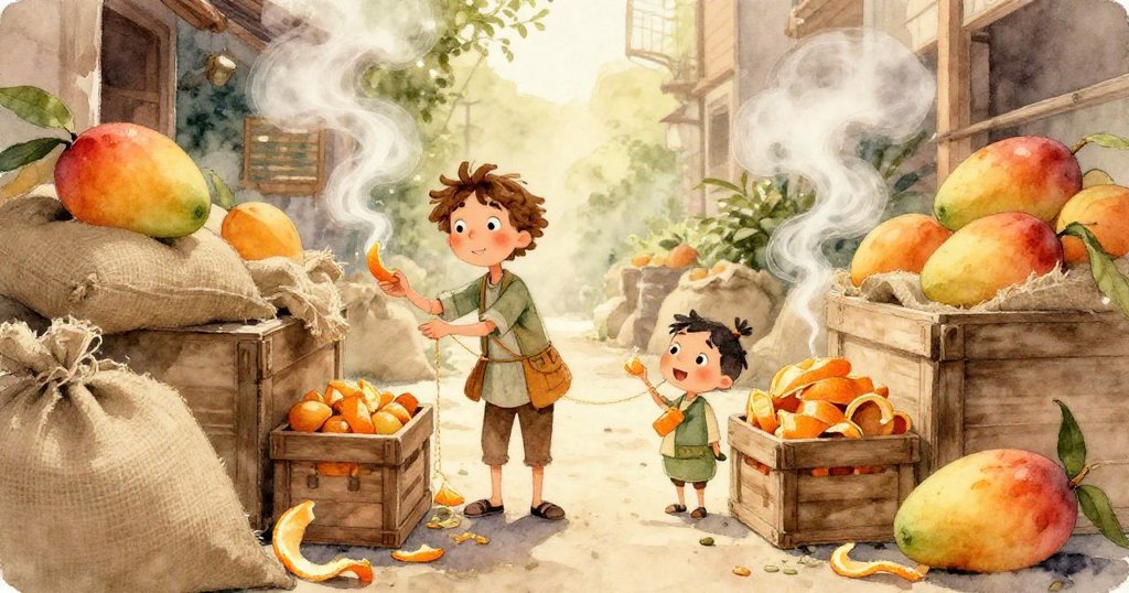 胡果從自己的視角眺望熱鬧攤位，看到鮮豔酸梅飲料與香料瓶，斑點山羊在旁好奇凝視。