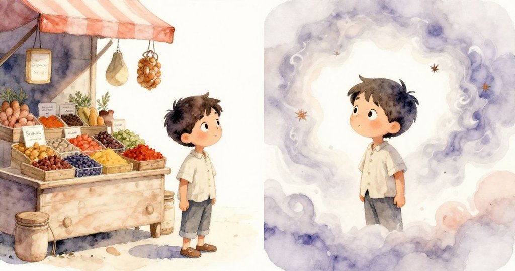 胡果凝望著攤位與幻想中旋轉的香料雲並存，現實與夢幻交織，畫面充滿奇妙與驚喜。