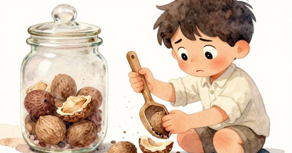 胡果眉頭微皺，近距離刻畫他用木勺費力撬開堅果瓶蓋，情緒中透出專注與一絲焦慮。