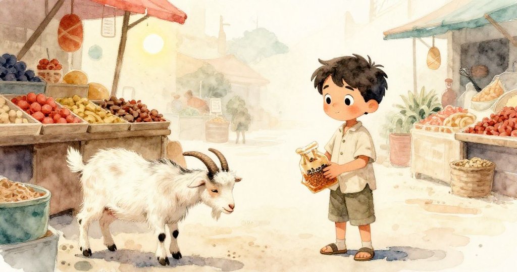 胡果完成任務後與斑點山羊共享安寧時刻，市場恢復平靜溫暖，景象中散發著柔和金光與感恩情懷。