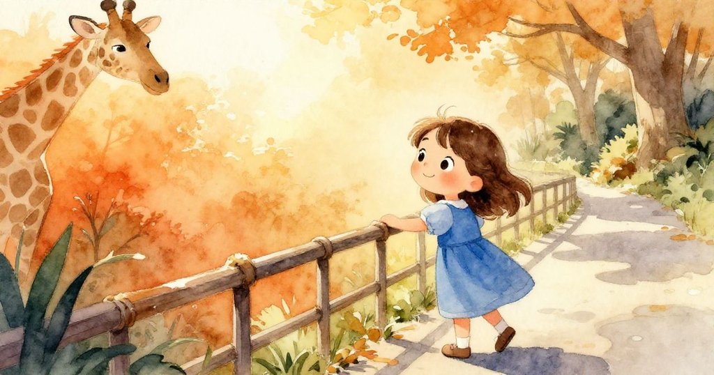 Maeve在陽光下走在動物園的通道上，伸手觸摸發亮的欄杆，表情充滿冒險與期待，背景明亮溫暖。