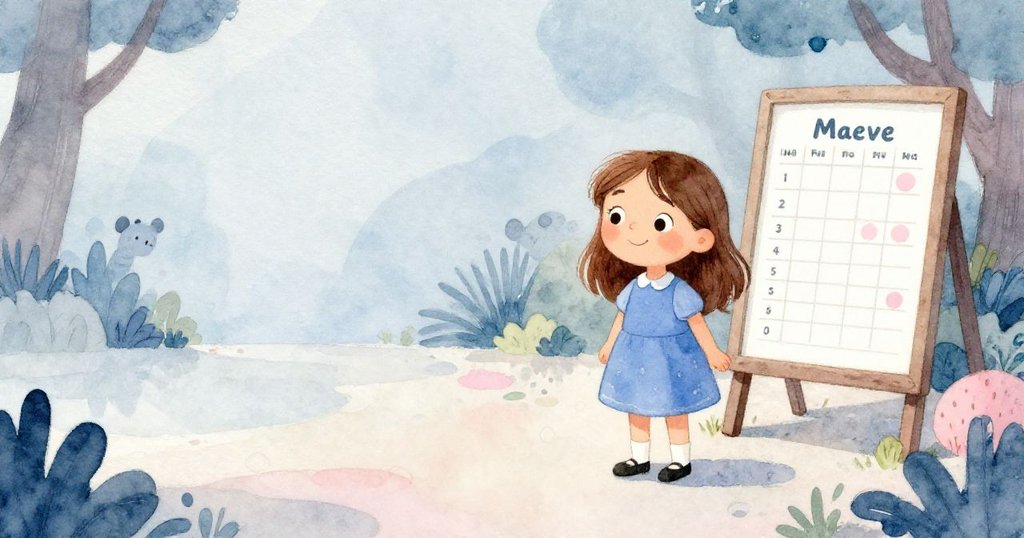 Maeve站在空曠的區域，望向張貼時刻表，背景有悄然出現的山羊，表情平靜且專注。