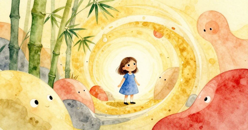 Maeve站在充滿超現實幾何圖案的動物園中，竹子、稻草和甜瓜氣息交織成夢幻畫面，她眼神中透露驚奇。