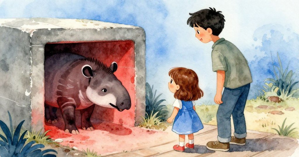 Maeve與Ian在狹窄平臺上凝視著從混凝土庇護所中探出頭的貘，眾人屏息以待，氣氛充滿緊張感。