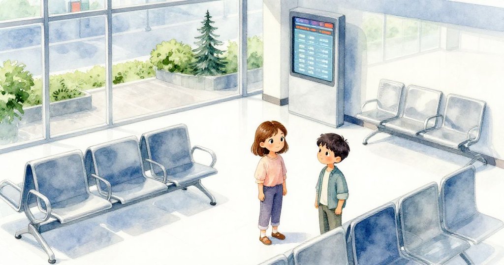 克拉拉和喬爾在現代候客區互動,從上方觀看到冰藍色的室內燈光與玻璃外綠意,充滿期待與暖意。