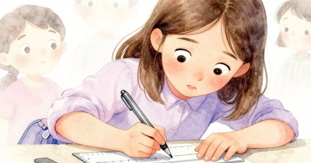 克拉拉專注地填寫表單,手中拿著筆與塑料直尺,其眼神流露出認真與決心,背景柔和。