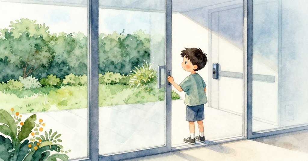 透過玻璃窗觀察外面整齊修剪的花園,喬爾邊看著自動門邊融入現代室內氛圍,充滿期待與柔光。