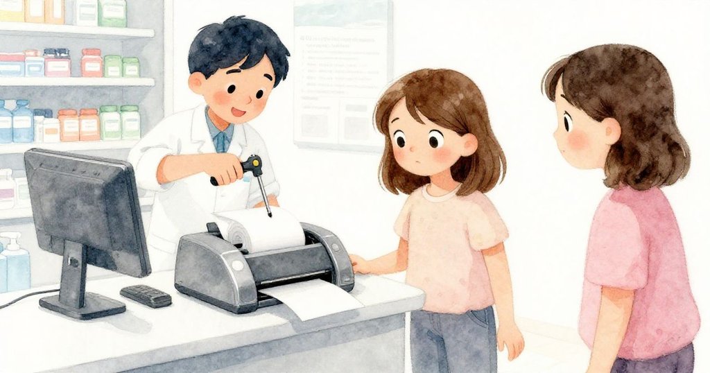 在現代藥局櫃台上,克拉拉注視著手持螺絲起子修復卡機的職員,背景中閃爍的燈光與散落標籤細節豐富。