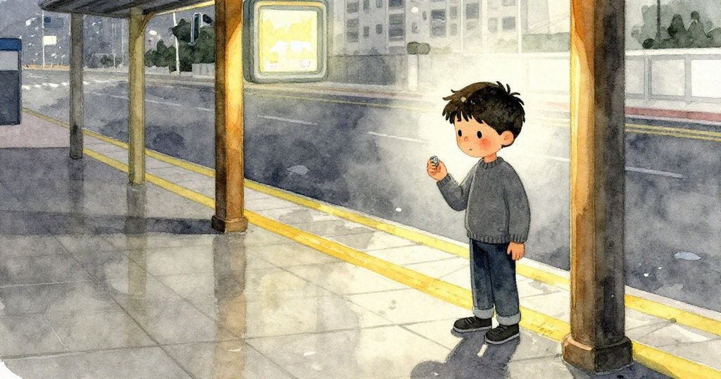 托羅站於濕滑月台邊,手持硬幣等待票機操作,背景中燈光與倒影交織,呈現都市寧靜期待情景。