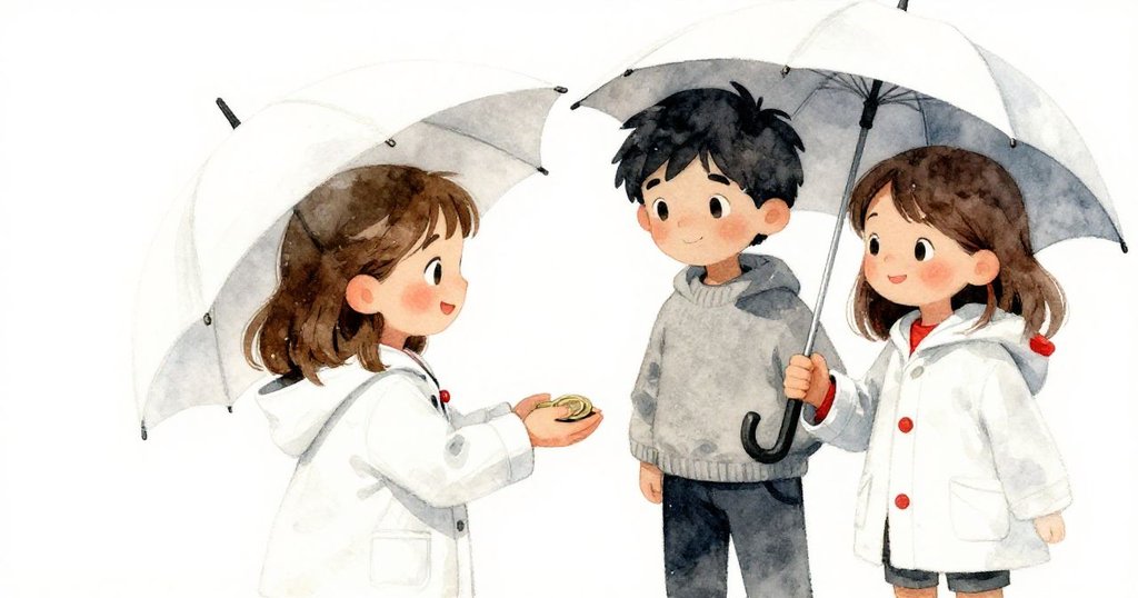 蒂婭面帶喜悅笑容奔向車站,雨傘反轉卻依然溫暖,她舉手送上乾淨硬幣,展現期待與輕鬆情懷。