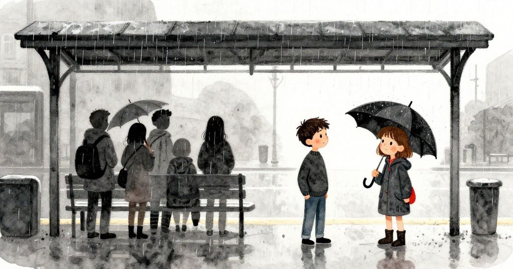 雨勢猛烈中,乘客們在臨時庇護下避雨,雨滴拍打屋頂,整體場景呈現都市暴雨中的溫暖聚集。