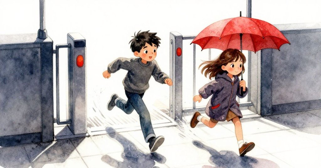 托羅與蒂婭急速穿越濕滑台階,鞋步激起水花與水珠軌跡,展現都市中急迫追趕的動感情景。