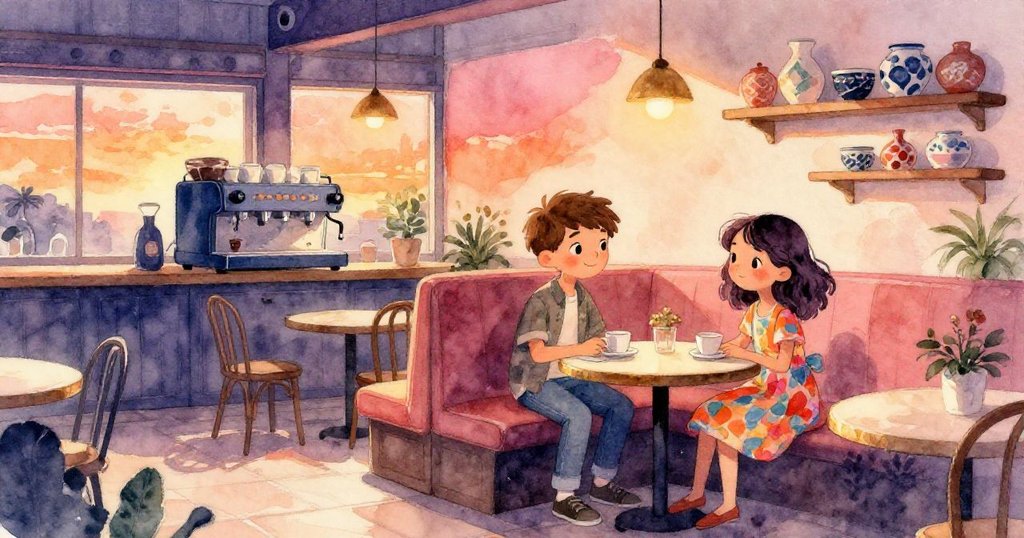 Ian 與 Vera 進入溫暖咖啡廳，坐進最後一個包廂，背景展現夕陽橘光與柔和藝術氣息，表情充滿期待。